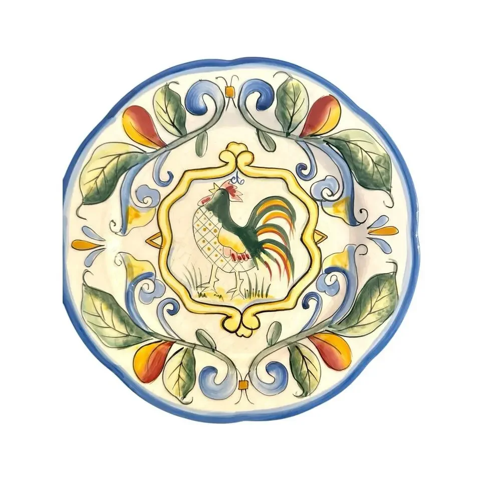 Set Of 2 Fitz & Floyd Ricamo Rooster Motif Salad Plates 8” Hand Painted